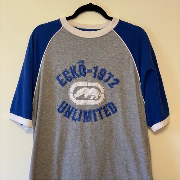 Y2K Ecko Unltd. M knit short sleeve t-shirt colorblock blue gray streetwear - Picture 2 of 7